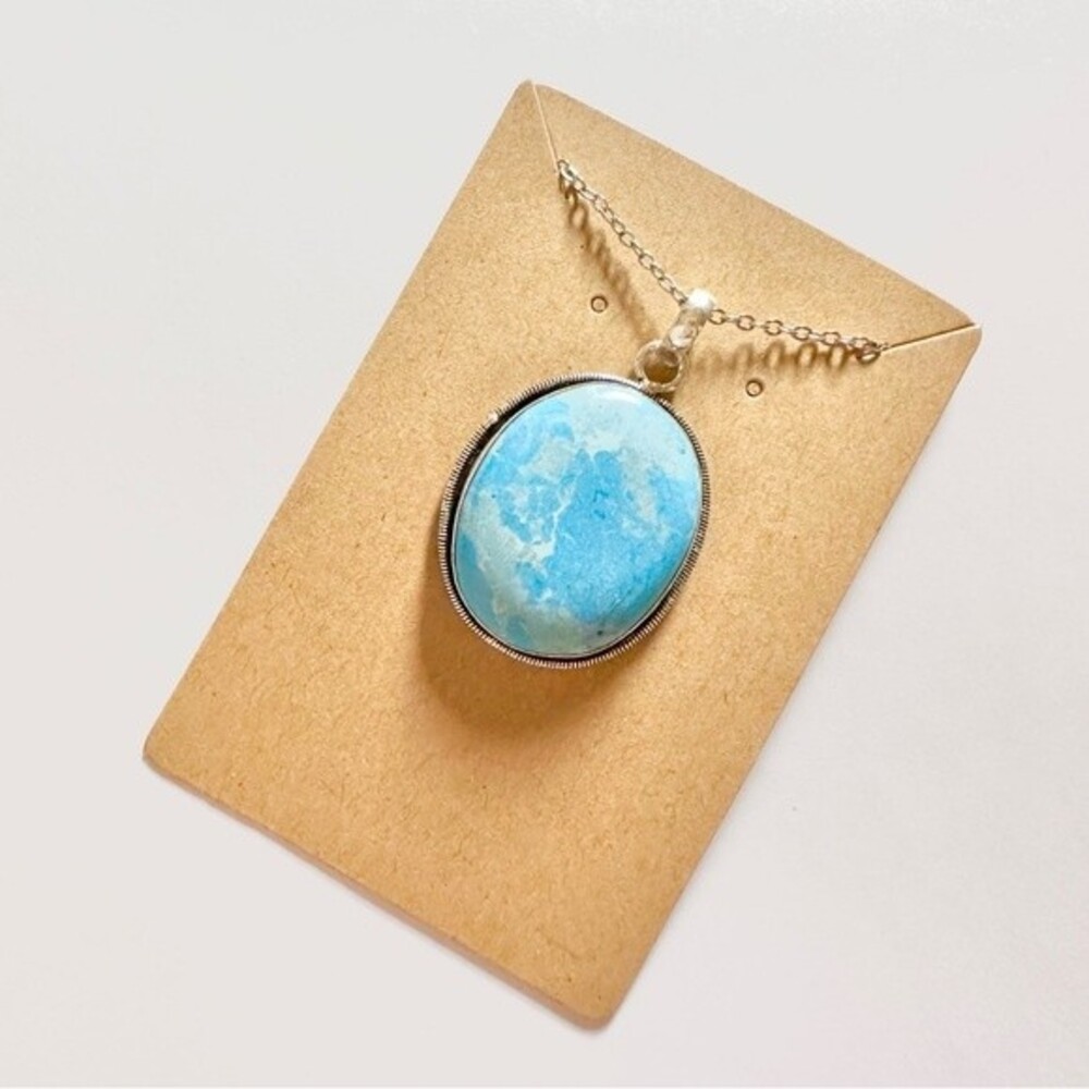 LARIMAR Synthetic Stone Silver Plated Oval Pendant Necklace